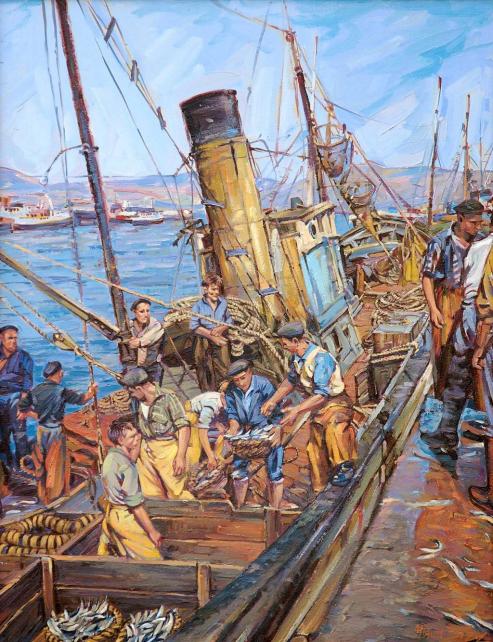 Galicia y su desarrollo pesquero. Cuadro - Pescadores Gallegos Faenando -Miguel Diaz Piqueras